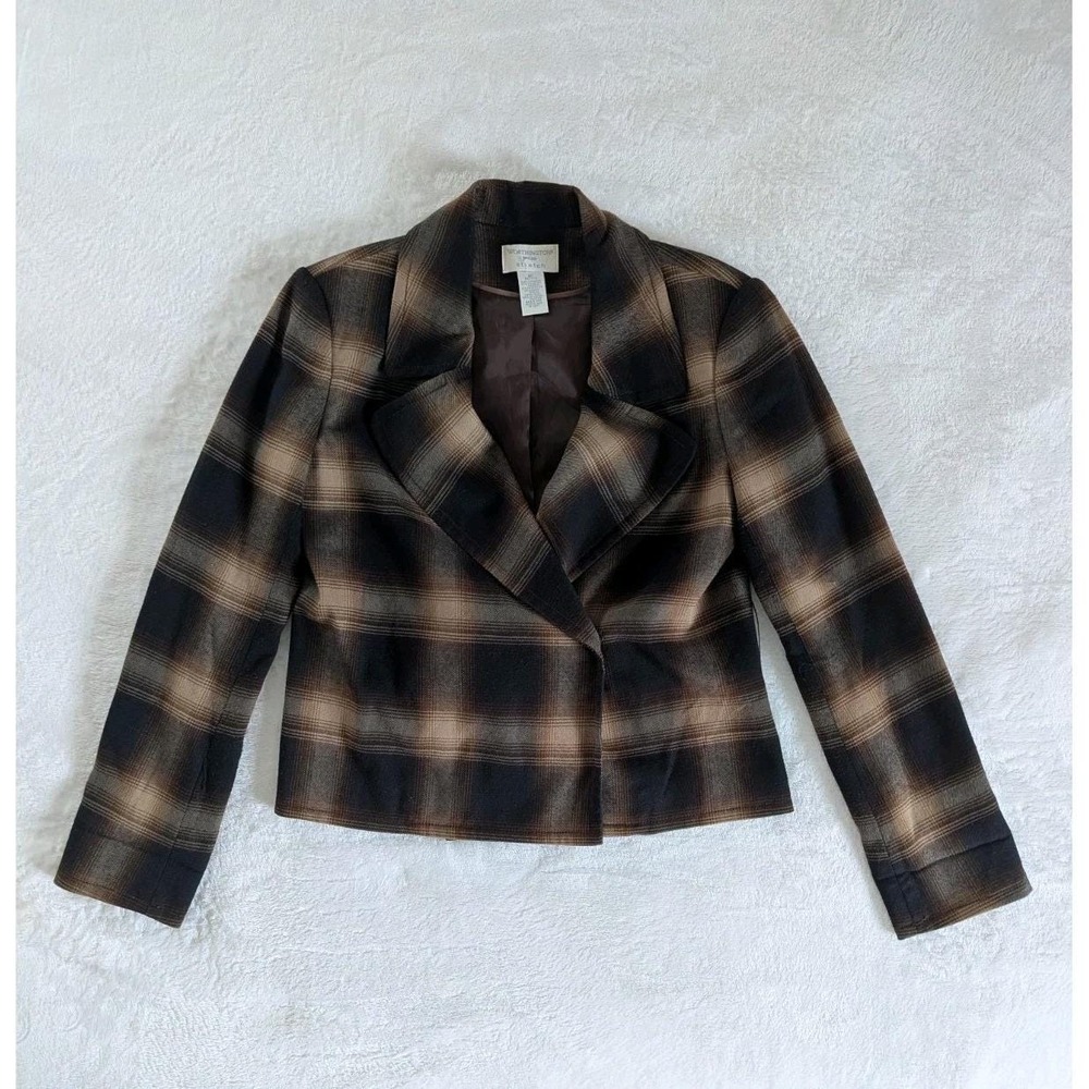 Vtg Y2K Blazer Brown Cream Plaid Stretch Womens Sz 8P Dark Academia Old Money